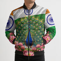 India Flag Peacock Bomber Puffer Jacket Vibrant Cultural Indian Taj Mahal Lotus