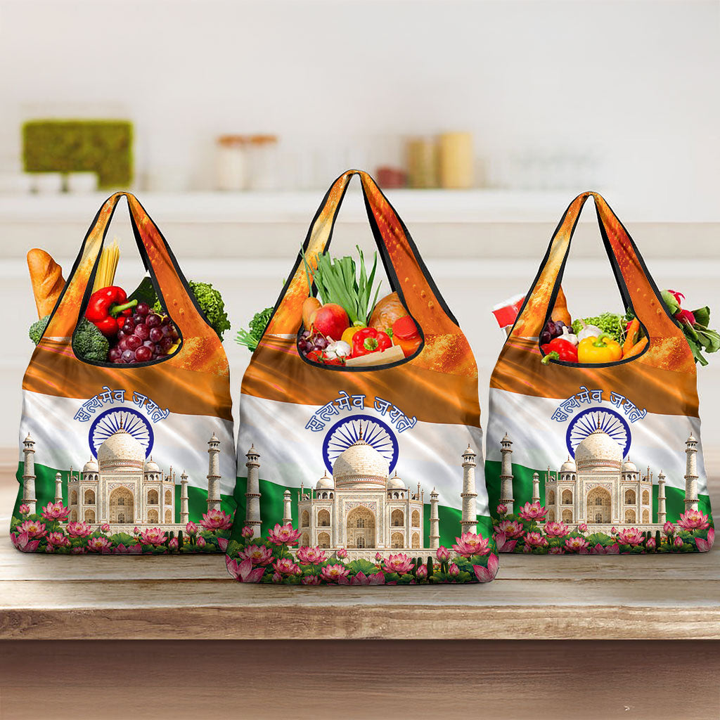 India Flag Peacock Grocery Bag Vibrant Cultural Indian Taj Mahal Lotus