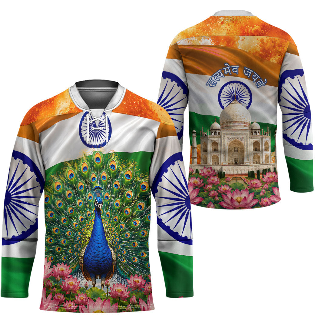 India Flag Peacock Hockey Jersey Vibrant Cultural Indian Taj Mahal Lotus