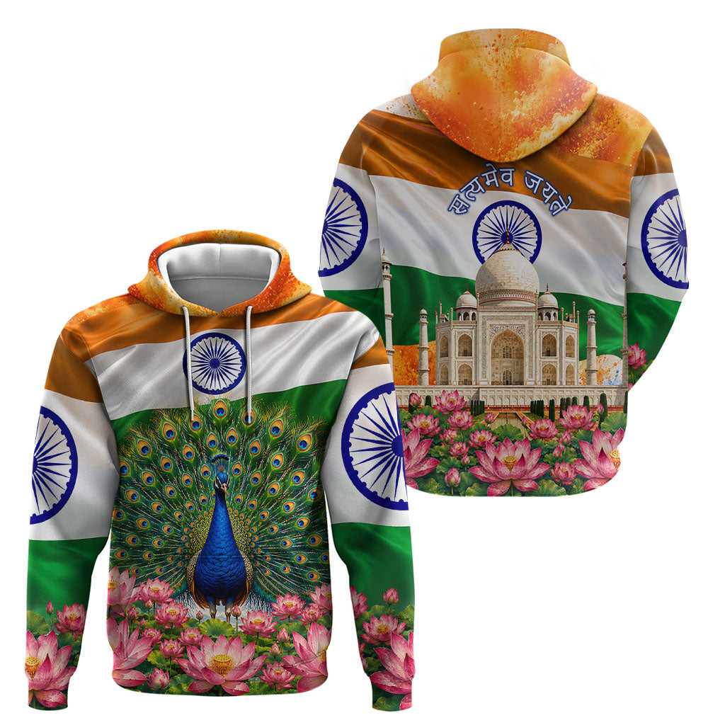India Flag Peacock Hoodie Vibrant Cultural Indian Taj Mahal Lotus