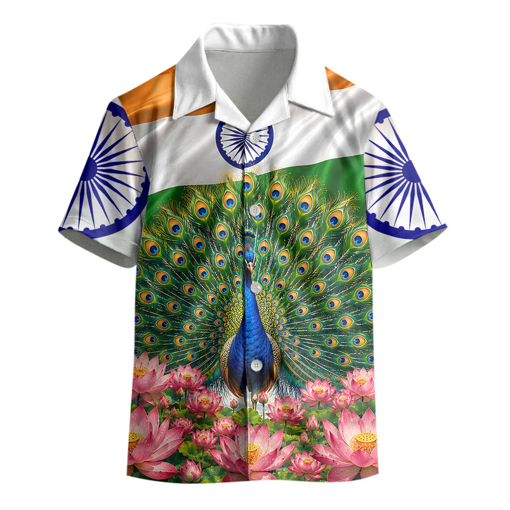 India Flag Peacock Kid Hawaiian Shirt Vibrant Cultural Indian Taj Mahal Lotus