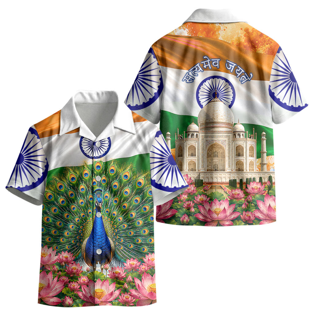 India Flag Peacock Kid Hawaiian Shirt Vibrant Cultural Indian Taj Mahal Lotus