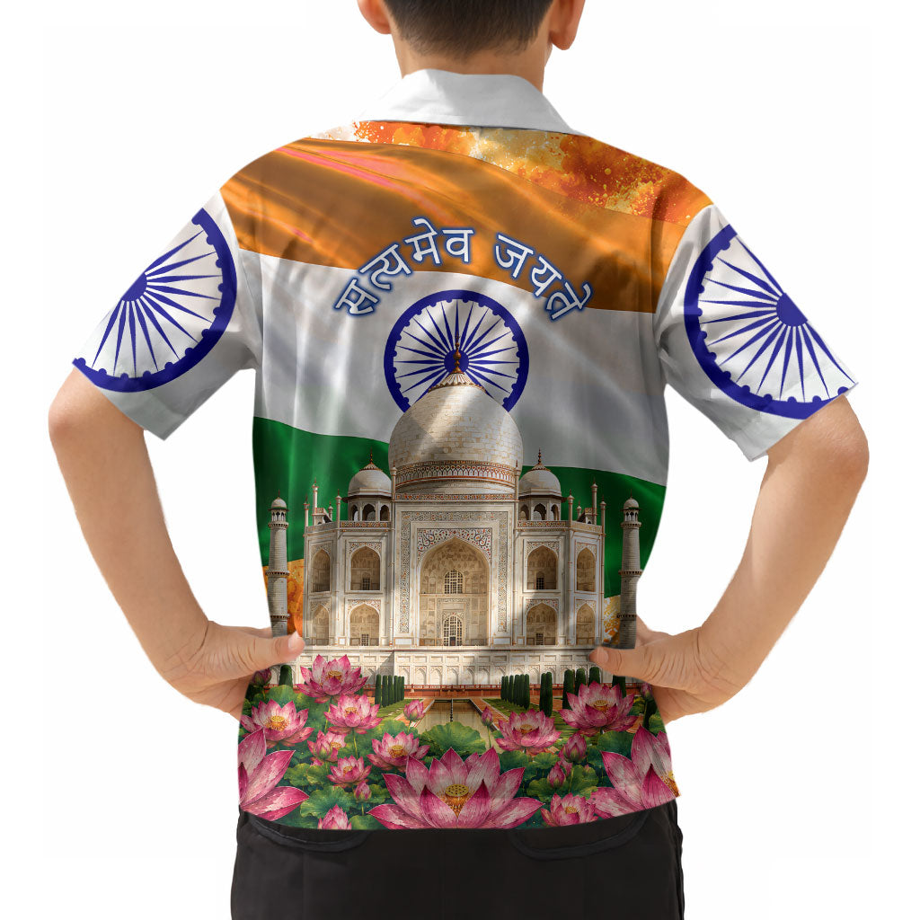 India Flag Peacock Kid Hawaiian Shirt Vibrant Cultural Indian Taj Mahal Lotus