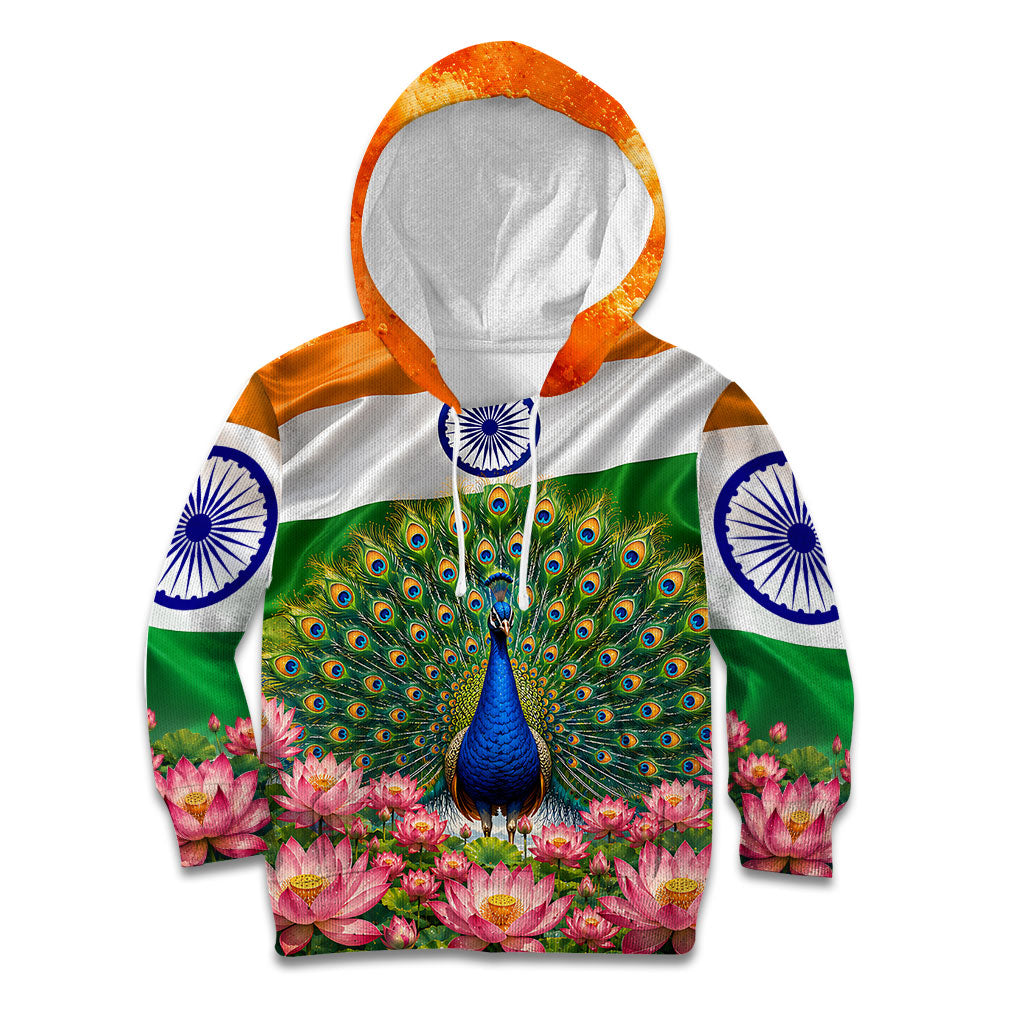 India Flag Peacock Kid Hoodie Vibrant Cultural Indian Taj Mahal Lotus