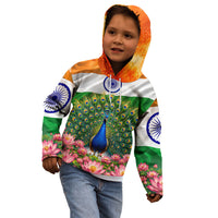 India Flag Peacock Kid Hoodie Vibrant Cultural Indian Taj Mahal Lotus