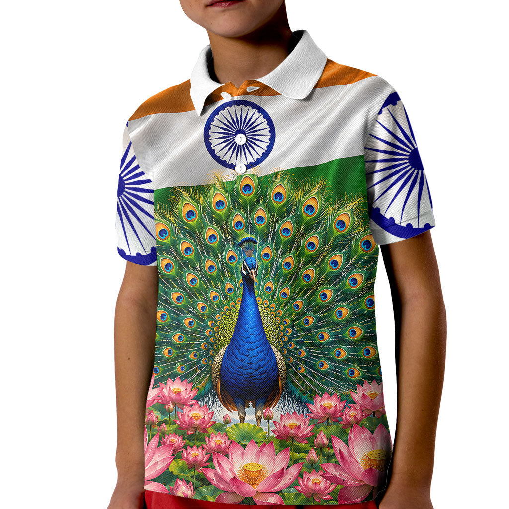 India Flag Peacock Kid Polo Shirt Vibrant Cultural Indian Taj Mahal Lotus