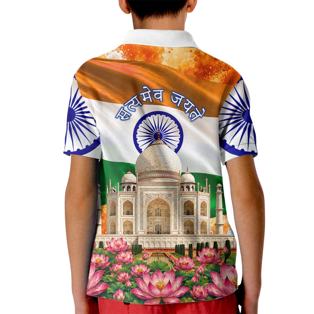 India Flag Peacock Kid Polo Shirt Vibrant Cultural Indian Taj Mahal Lotus