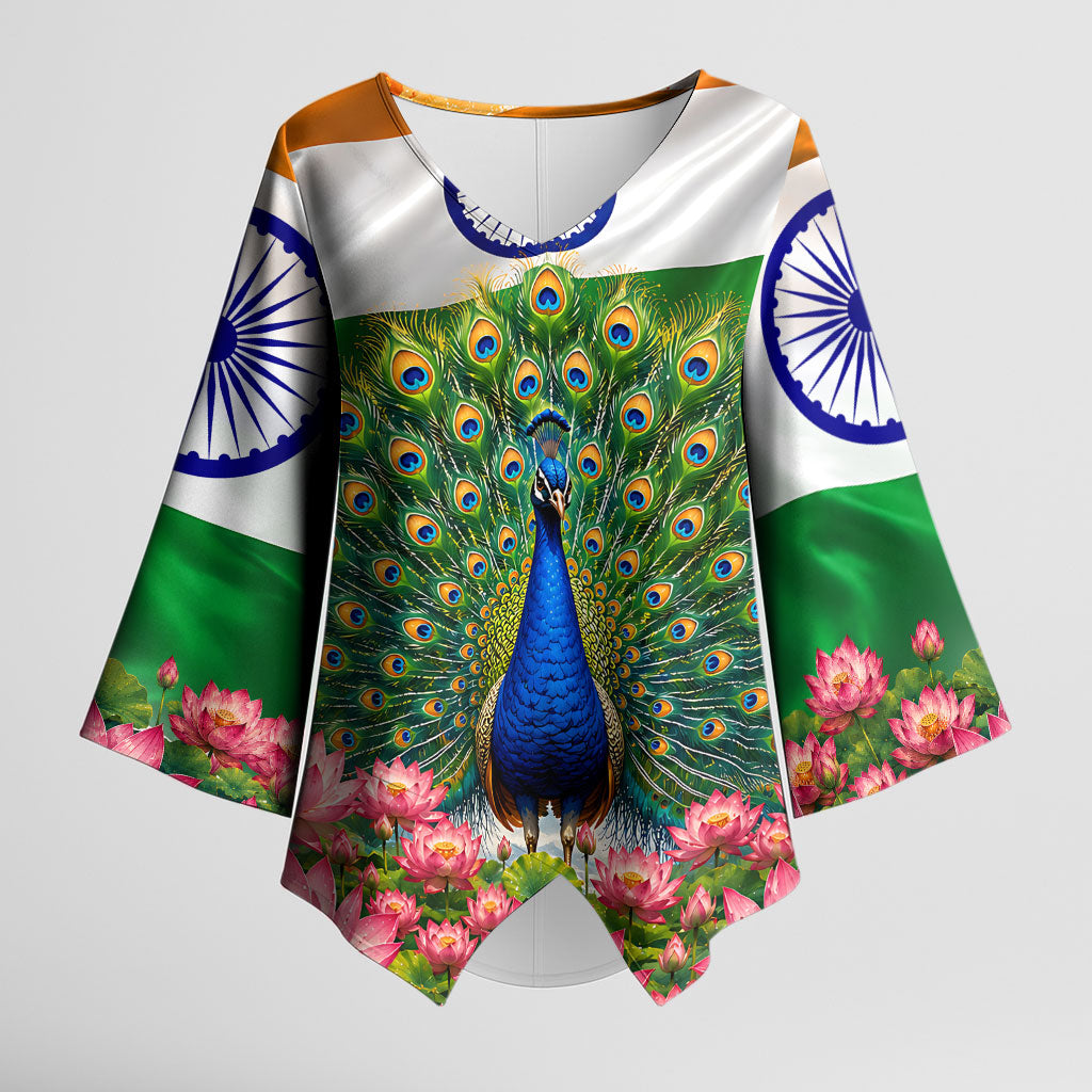 India Flag Peacock Kimono Sleeve Blouse Vibrant Cultural Indian Taj Mahal Lotus