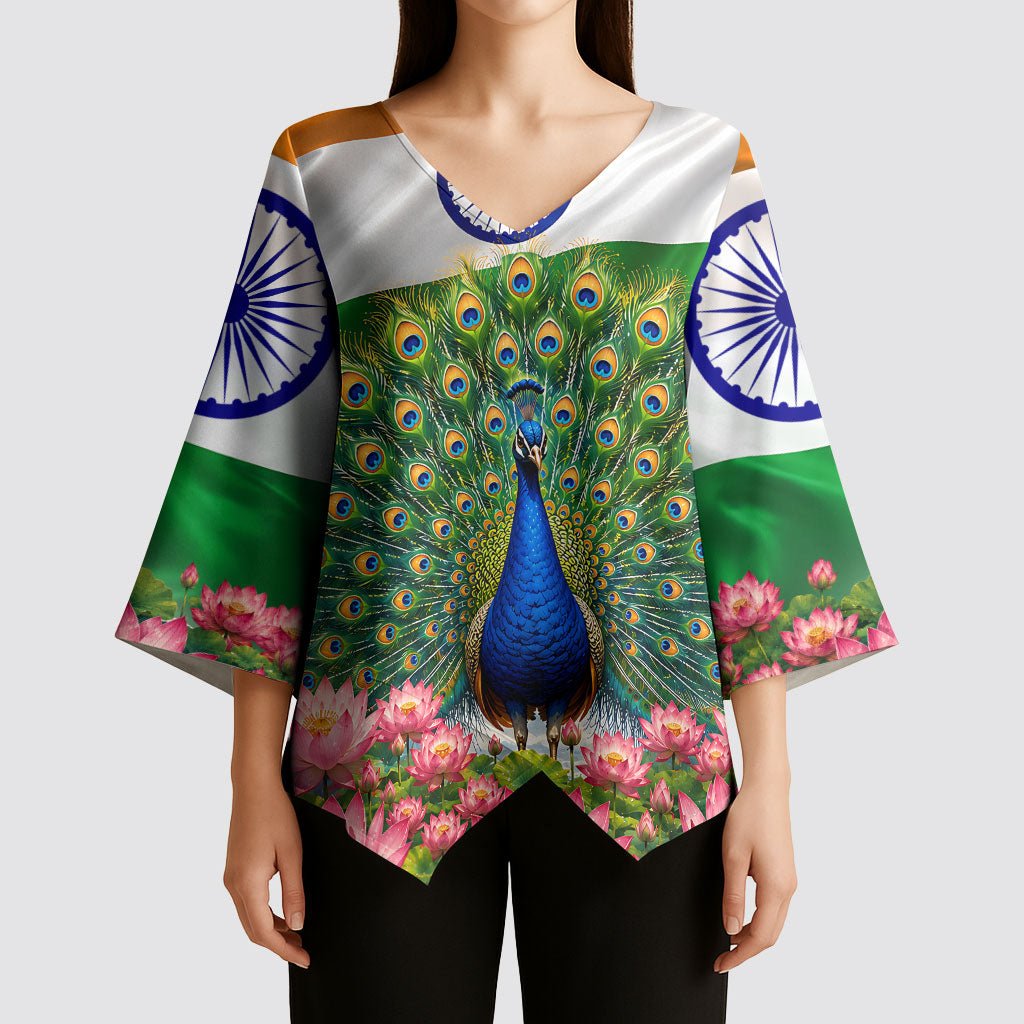 India Flag Peacock Kimono Sleeve Blouse Vibrant Cultural Indian Taj Mahal Lotus