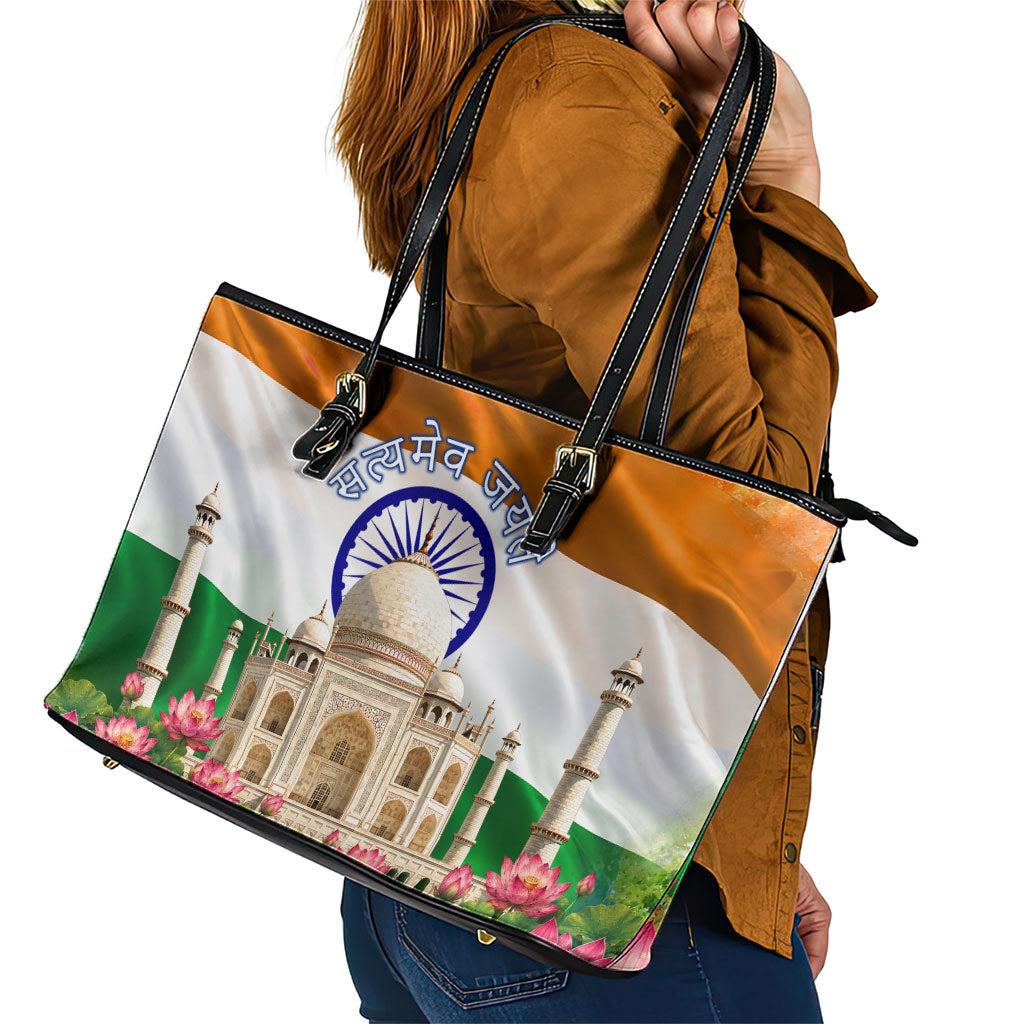 India Flag Peacock Leather Tote Bag Vibrant Cultural Indian Taj Mahal Lotus