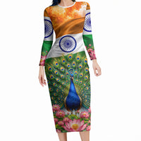 India Flag Peacock Long Sleeve Bodycon Dress Vibrant Cultural Indian Taj Mahal Lotus