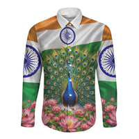 India Flag Peacock Long Sleeve Button Shirt Vibrant Cultural Indian Taj Mahal Lotus