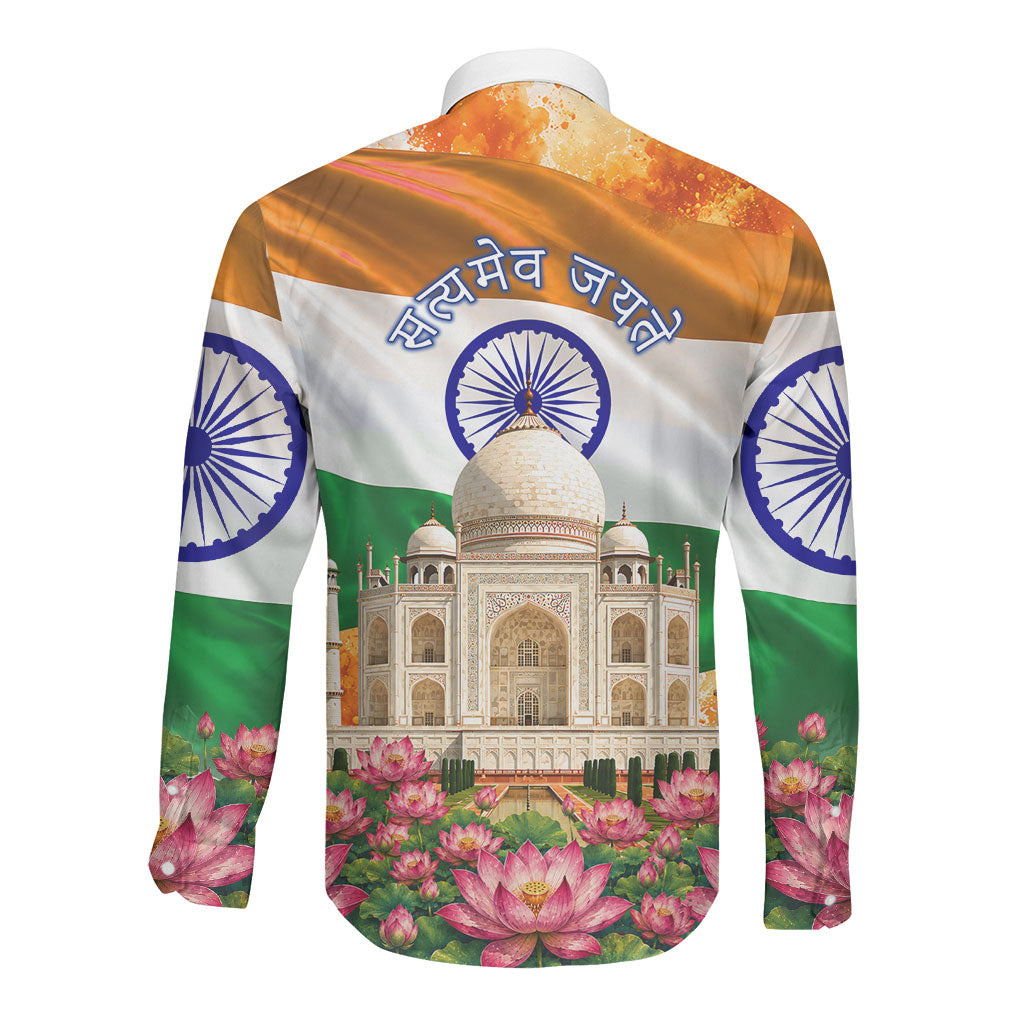 India Flag Peacock Long Sleeve Button Shirt Vibrant Cultural Indian Taj Mahal Lotus