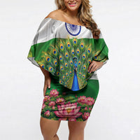 India Flag Peacock Off Shoulder Short Dress Vibrant Cultural Indian Taj Mahal Lotus