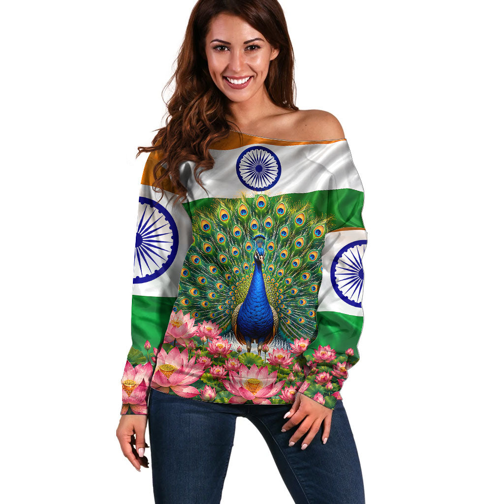 India Flag Peacock Off Shoulder Sweater Vibrant Cultural Indian Taj Mahal Lotus