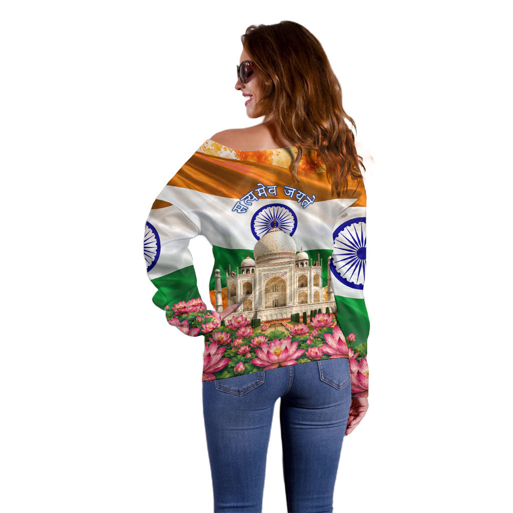 India Flag Peacock Off Shoulder Sweater Vibrant Cultural Indian Taj Mahal Lotus