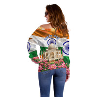 India Flag Peacock Off Shoulder Sweater Vibrant Cultural Indian Taj Mahal Lotus