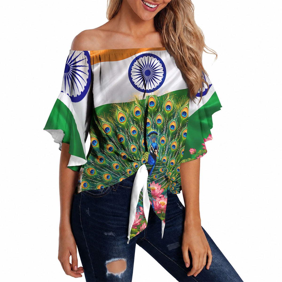 India Flag Peacock Off Shoulder Wrap Waist Top Vibrant Cultural Indian Taj Mahal Lotus