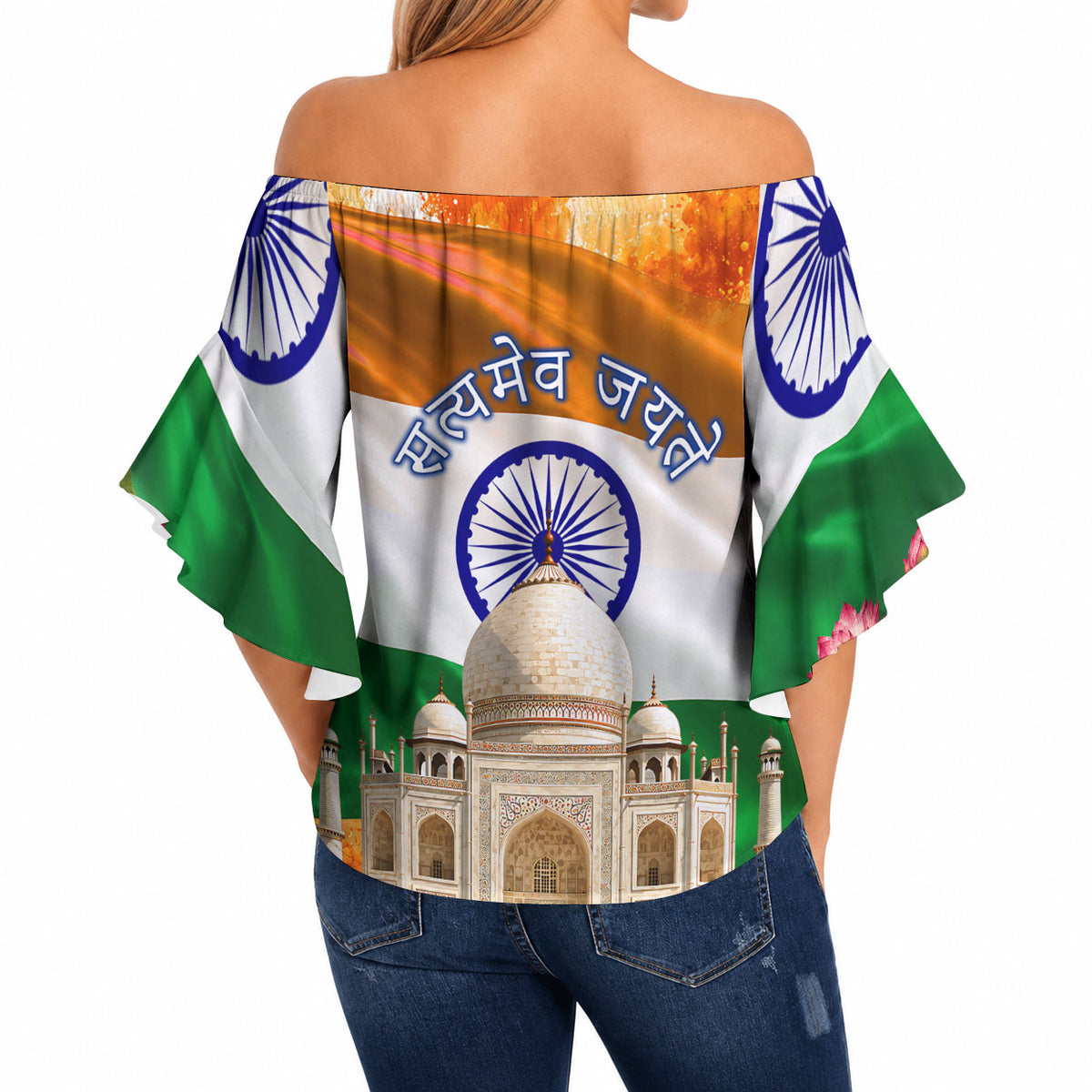 India Flag Peacock Off Shoulder Wrap Waist Top Vibrant Cultural Indian Taj Mahal Lotus