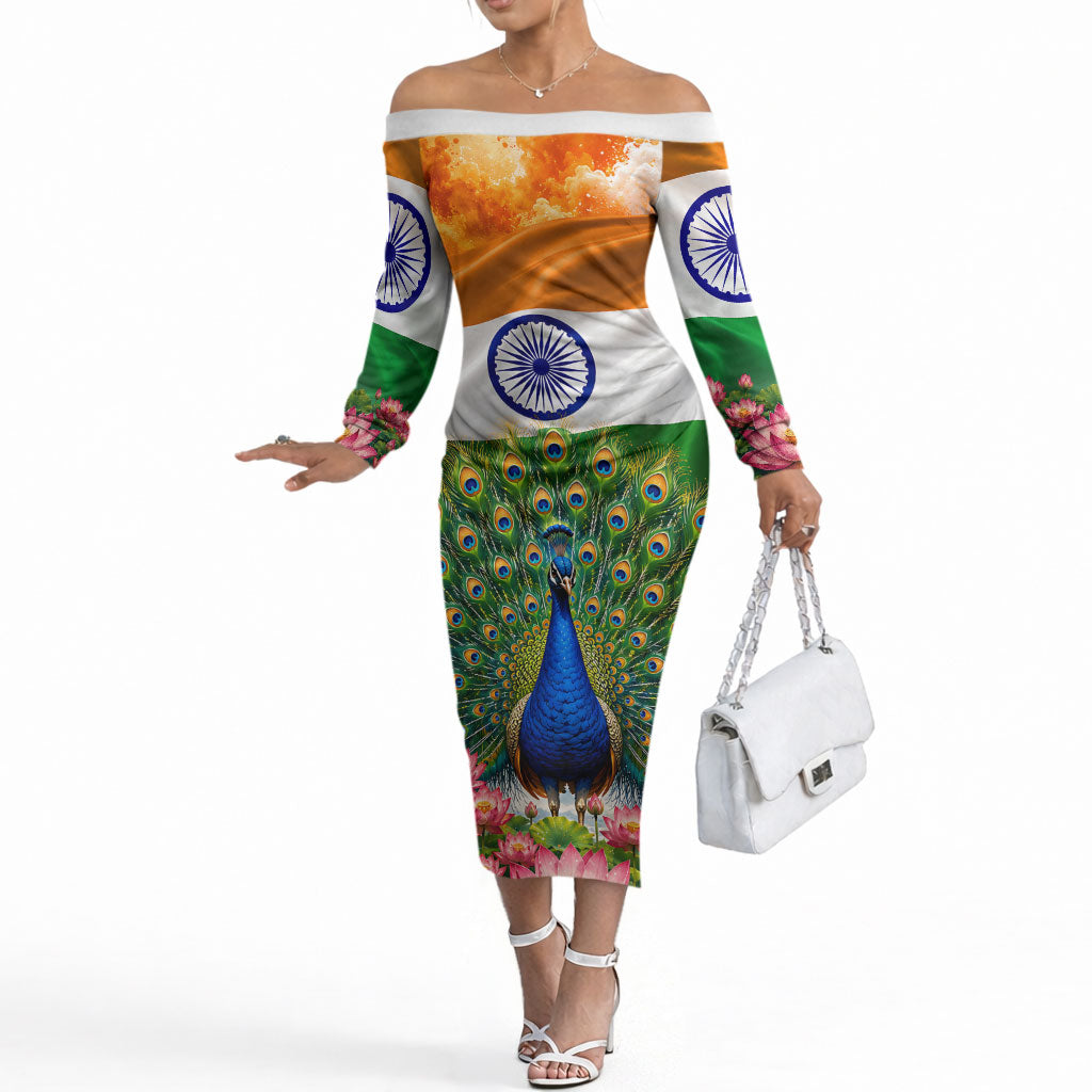 India Flag Peacock Off The Shoulder Long Sleeve Dress Vibrant Cultural Indian Taj Mahal Lotus