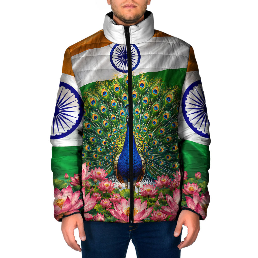 India Flag Peacock Padded Jacket Vibrant Cultural Indian Taj Mahal Lotus