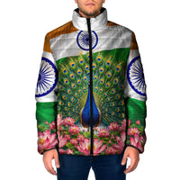India Flag Peacock Padded Jacket Vibrant Cultural Indian Taj Mahal Lotus