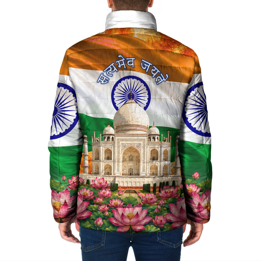 India Flag Peacock Padded Jacket Vibrant Cultural Indian Taj Mahal Lotus
