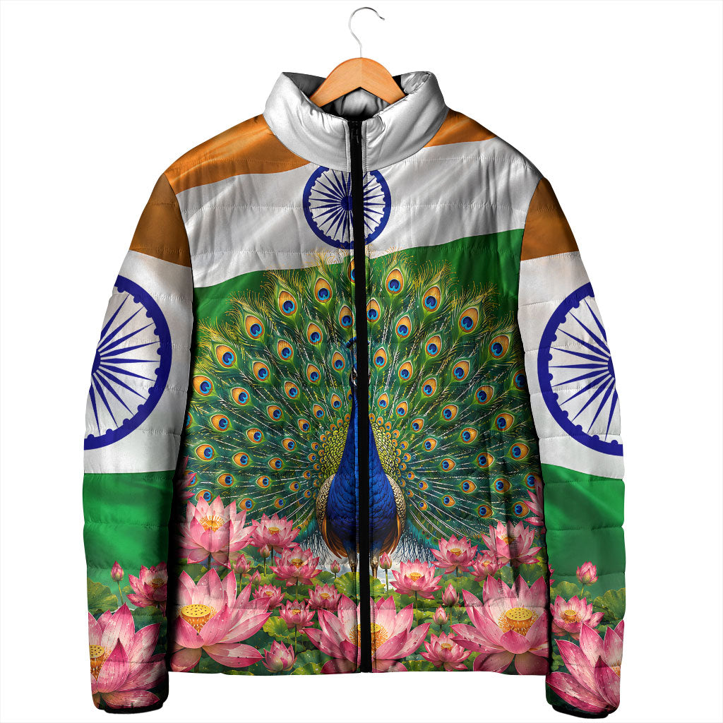 India Flag Peacock Padded Jacket Vibrant Cultural Indian Taj Mahal Lotus