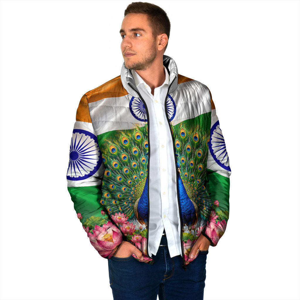 India Flag Peacock Padded Jacket Vibrant Cultural Indian Taj Mahal Lotus