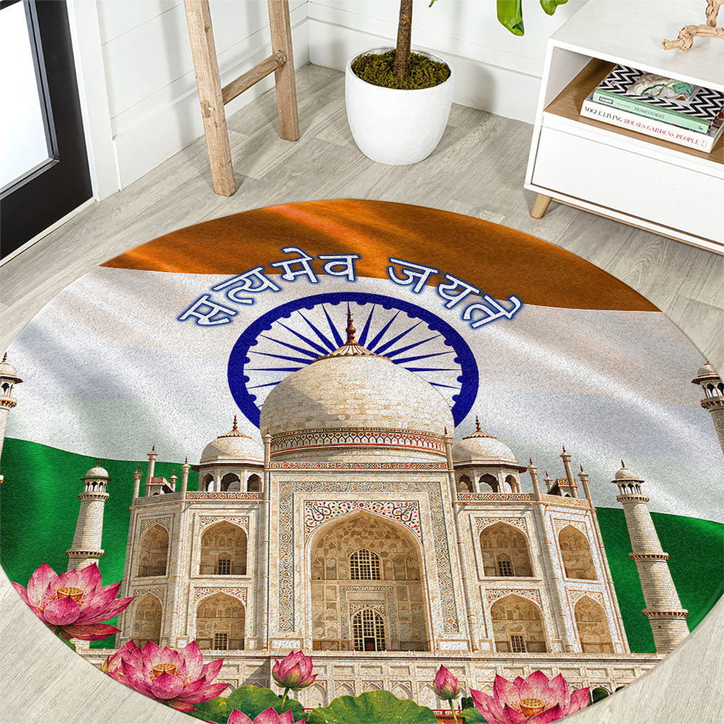 India Flag Peacock Round Carpet Vibrant Cultural Indian Taj Mahal Lotus
