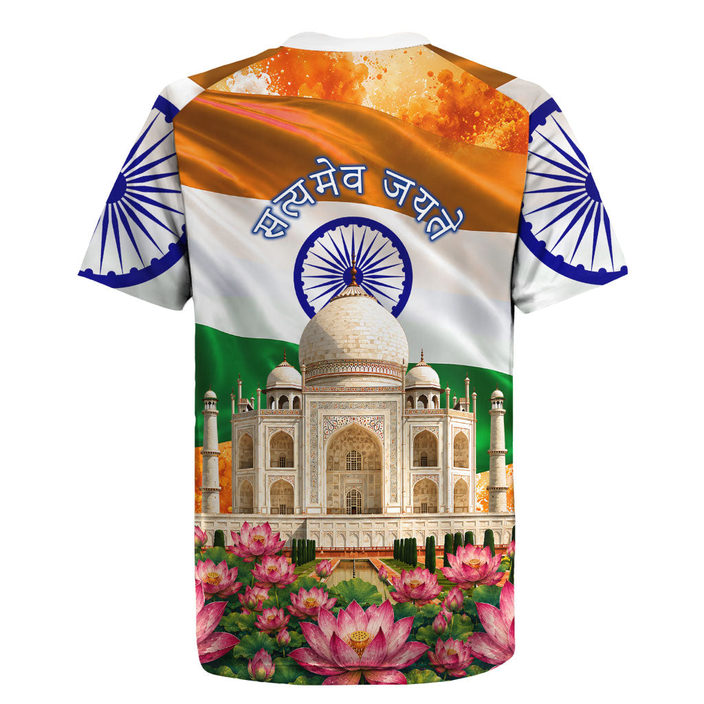 India Flag Peacock Rugby Jersey Vibrant Cultural Indian Taj Mahal Lotus
