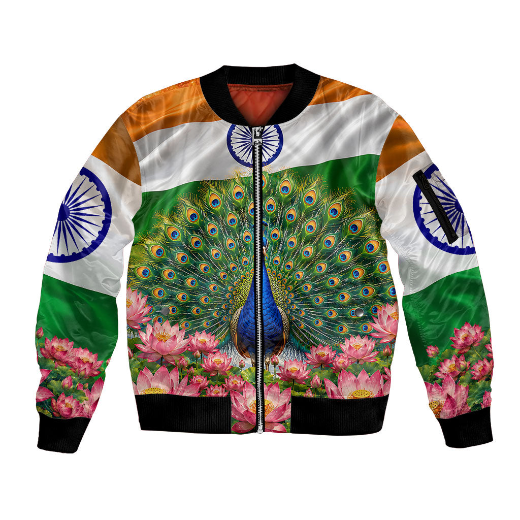 India Flag Peacock Sleeve Zip Bomber Jacket Vibrant Cultural Indian Taj Mahal Lotus