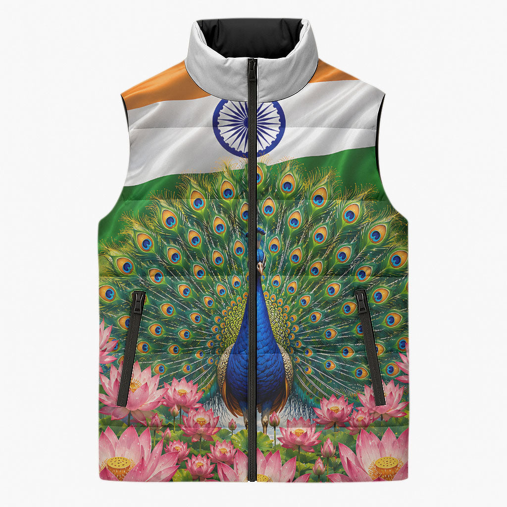 India Flag Peacock Sleeveless Puffer Jacket Vibrant Cultural Indian Taj Mahal Lotus