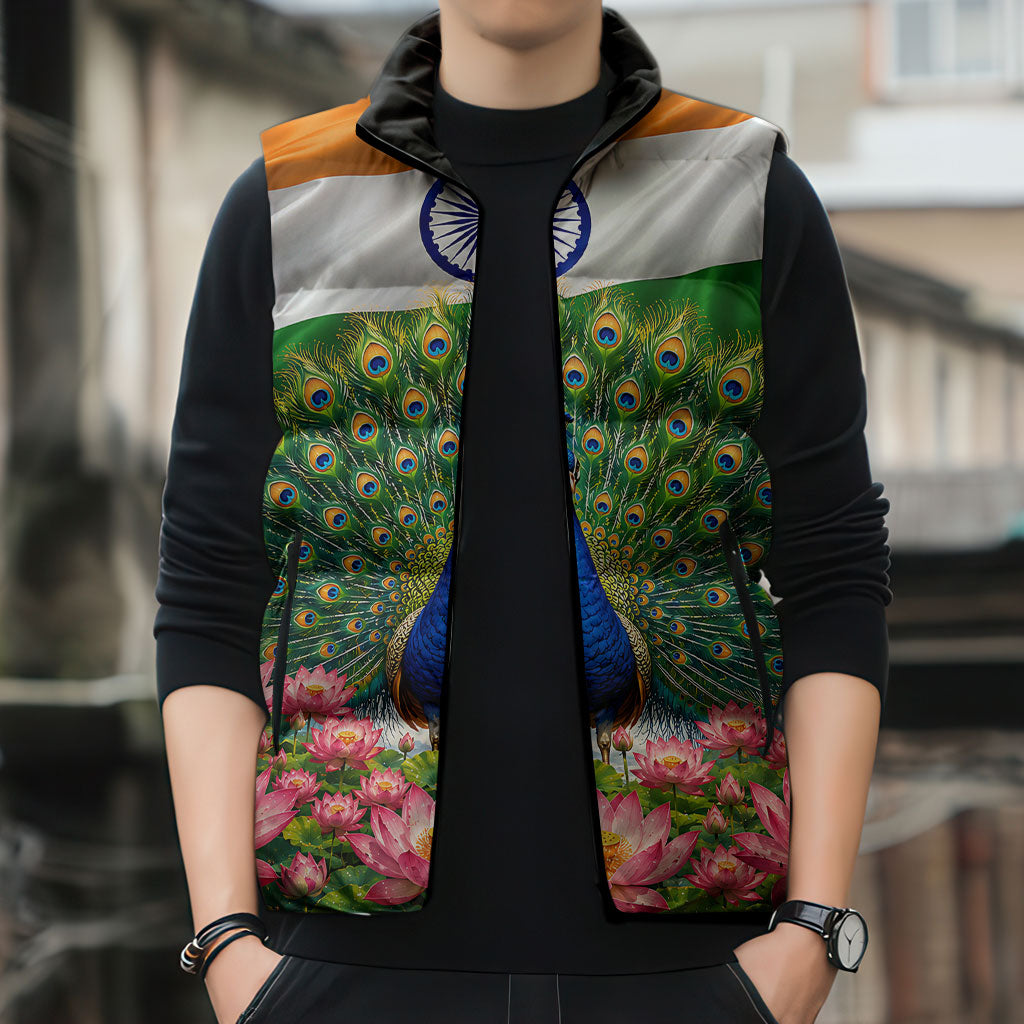 India Flag Peacock Sleeveless Puffer Jacket Vibrant Cultural Indian Taj Mahal Lotus