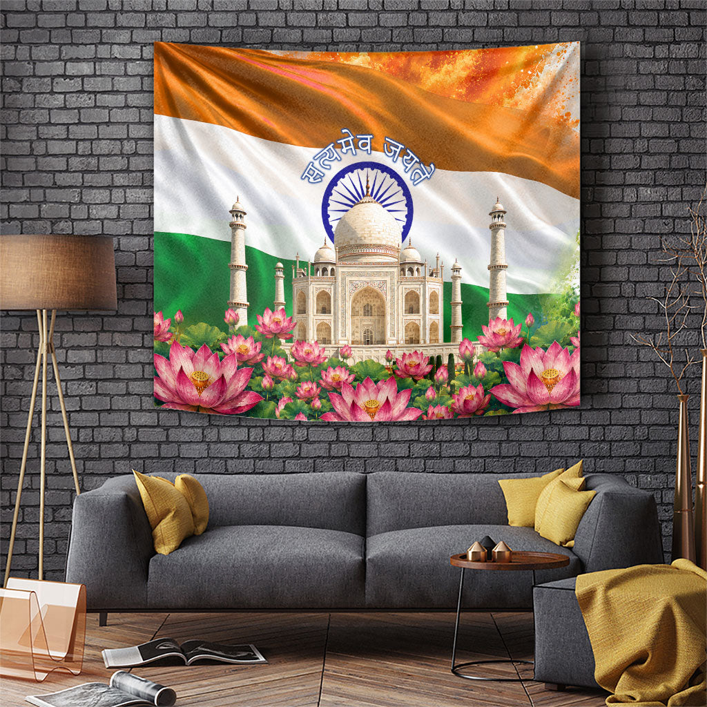 India Flag Peacock Tapestry Vibrant Cultural Indian Taj Mahal Lotus