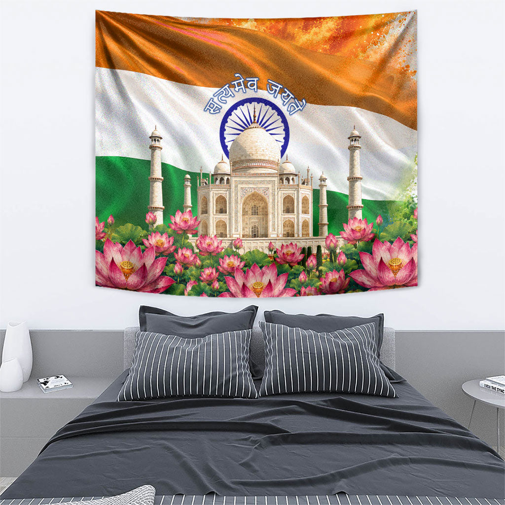 India Flag Peacock Tapestry Vibrant Cultural Indian Taj Mahal Lotus