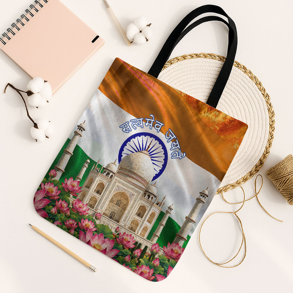 India Flag Peacock Tote Bag Vibrant Cultural Indian Taj Mahal Lotus