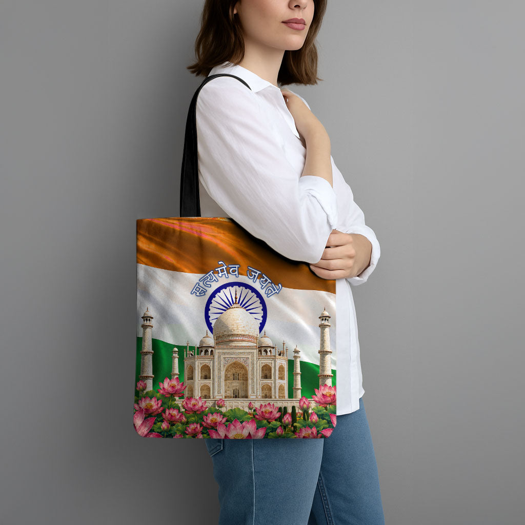 India Flag Peacock Tote Bag Vibrant Cultural Indian Taj Mahal Lotus