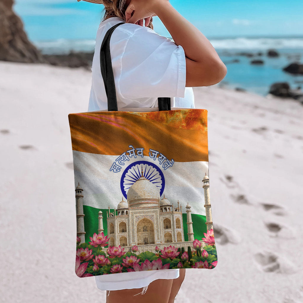 India Flag Peacock Tote Bag Vibrant Cultural Indian Taj Mahal Lotus
