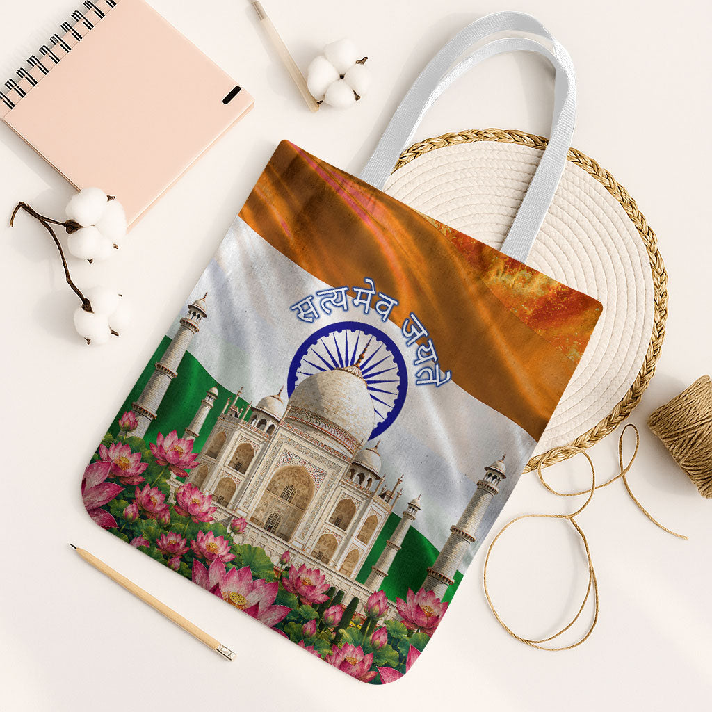 India Flag Peacock Tote Bag Vibrant Cultural Indian Taj Mahal Lotus