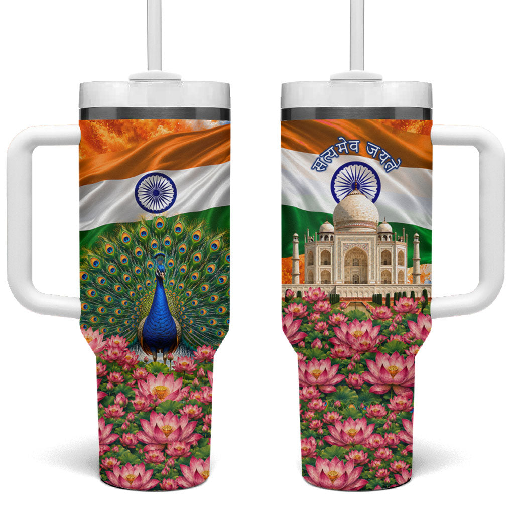 India Flag Peacock Tumbler With Handle Vibrant Cultural Indian Taj Mahal Lotus