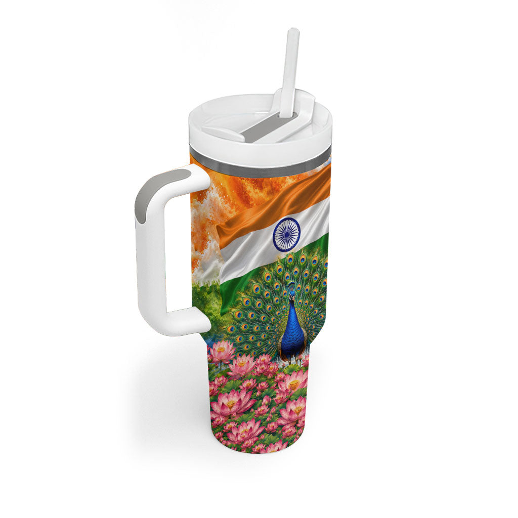 India Flag Peacock Tumbler With Handle Vibrant Cultural Indian Taj Mahal Lotus