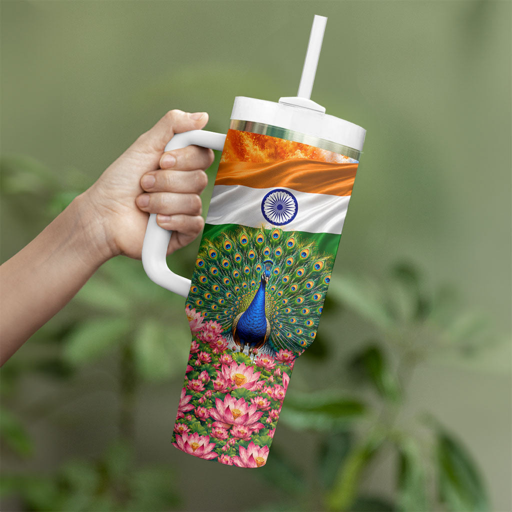 India Flag Peacock Tumbler With Handle Vibrant Cultural Indian Taj Mahal Lotus