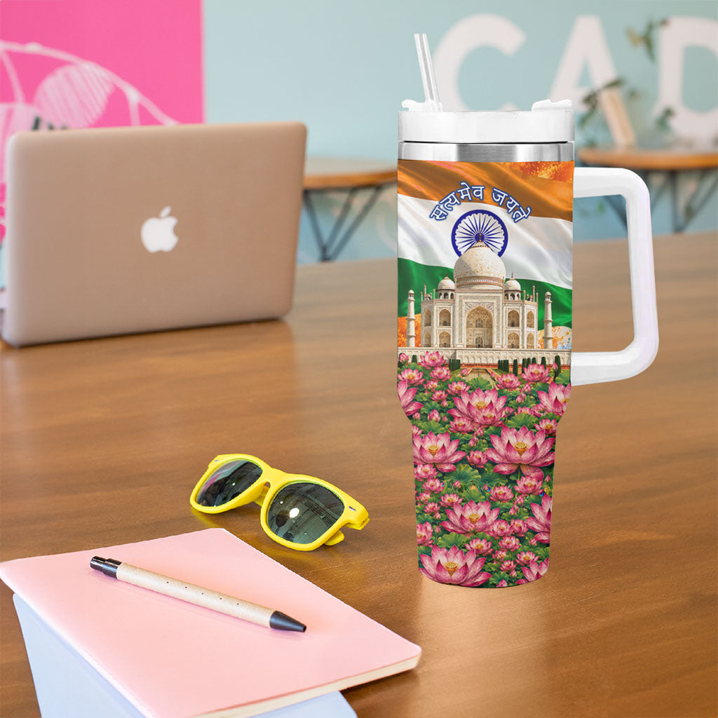 India Flag Peacock Tumbler With Handle Vibrant Cultural Indian Taj Mahal Lotus