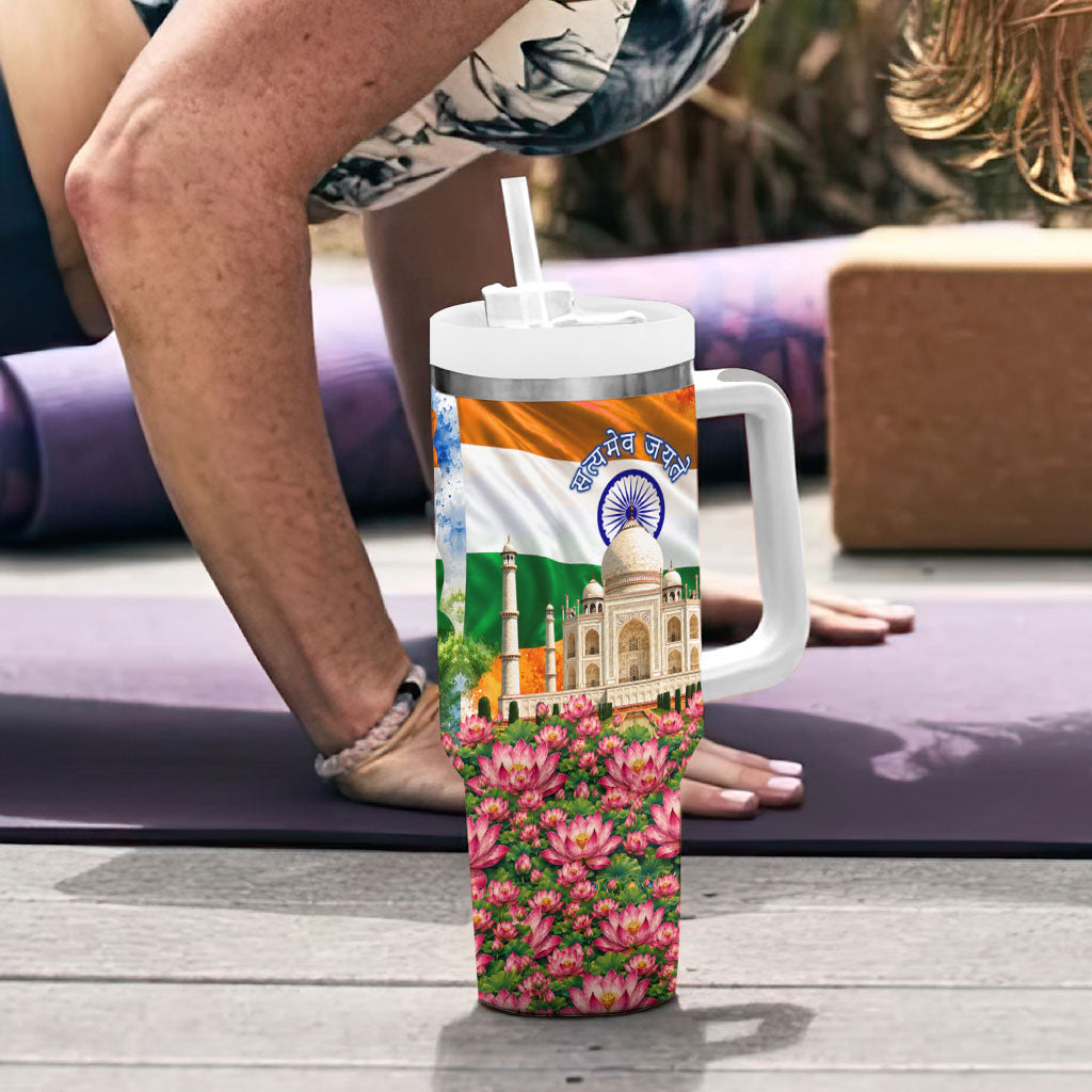 India Flag Peacock Tumbler With Handle Vibrant Cultural Indian Taj Mahal Lotus