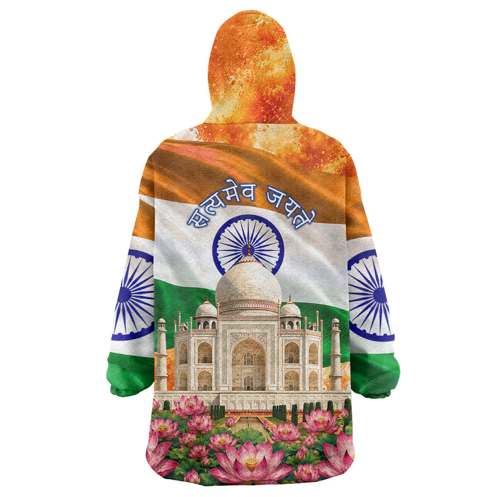 India Flag Peacock Wearable Blanket Hoodie Vibrant Cultural Indian Taj Mahal Lotus