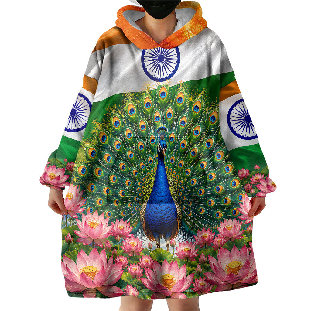 India Flag Peacock Wearable Blanket Hoodie Vibrant Cultural Indian Taj Mahal Lotus