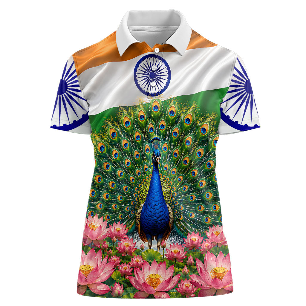 India Flag Peacock Women Polo Shirt Vibrant Cultural Indian Taj Mahal Lotus