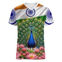 India Flag Peacock Women V-Neck T-Shirt Vibrant Cultural Indian Taj Mahal Lotus
