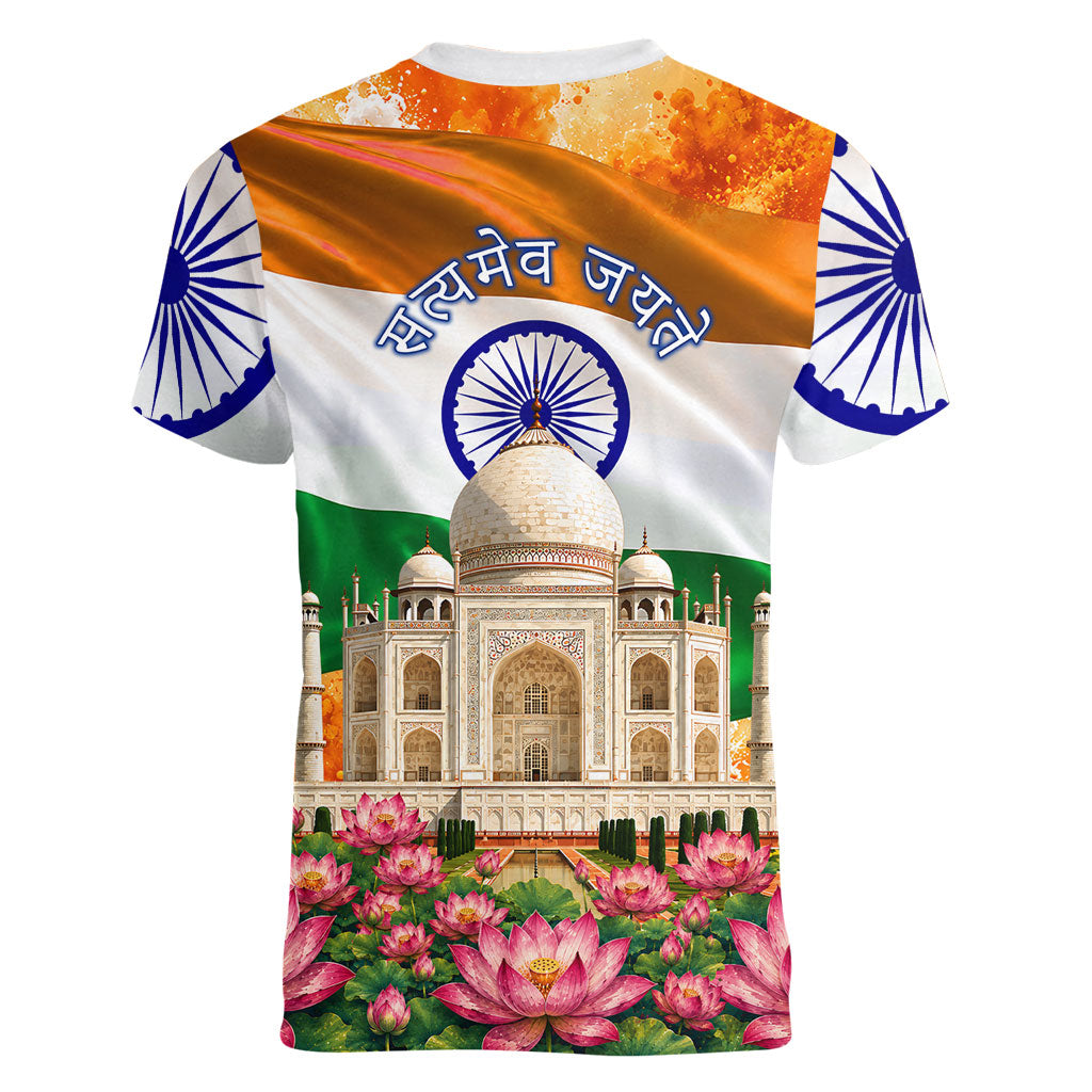 India Flag Peacock Women V-Neck T-Shirt Vibrant Cultural Indian Taj Mahal Lotus